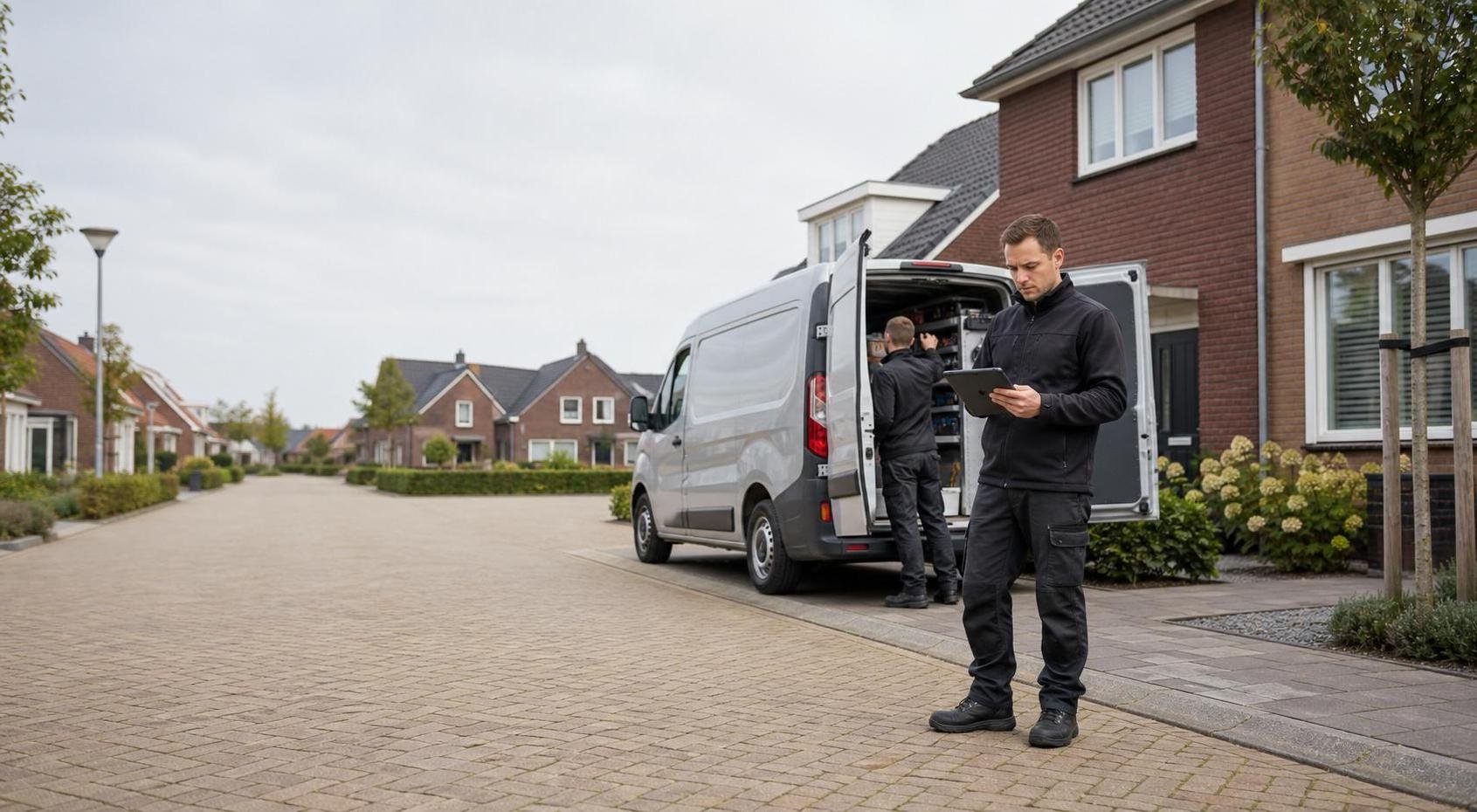 Heating engineers beside an unbranded service van on a quiet residential street in Schagen with space for text overlay